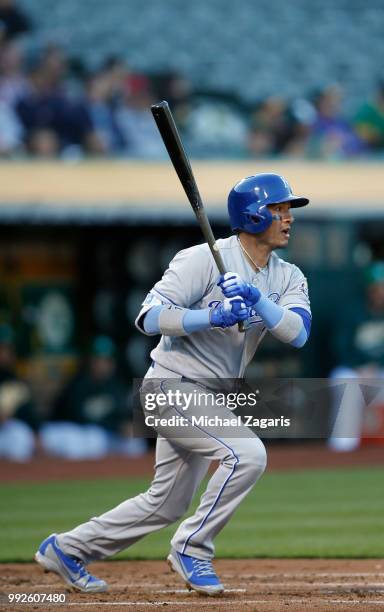 Ryan Goins of the Kansas City Royals bats during the game against the Oakland Athletics at the Oakland Alameda Coliseum on June 8, 2018 in Oakland,...