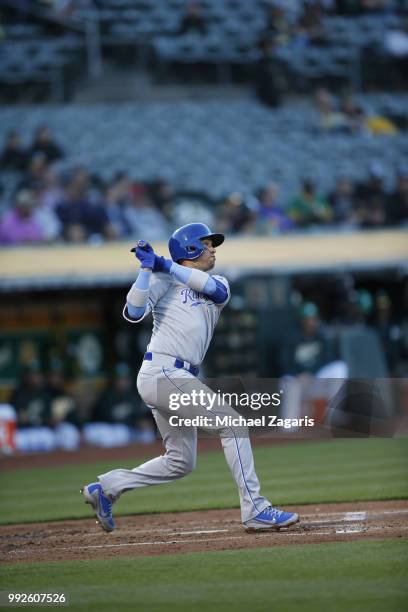 Ryan Goins of the Kansas City Royals bats during the game against the Oakland Athletics at the Oakland Alameda Coliseum on June 8, 2018 in Oakland,...