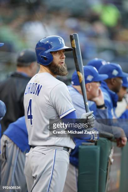 Alex Gordon of the Kansas City Royals stands in the dugout during the game against the Oakland Athletics at the Oakland Alameda Coliseum on June 8,...