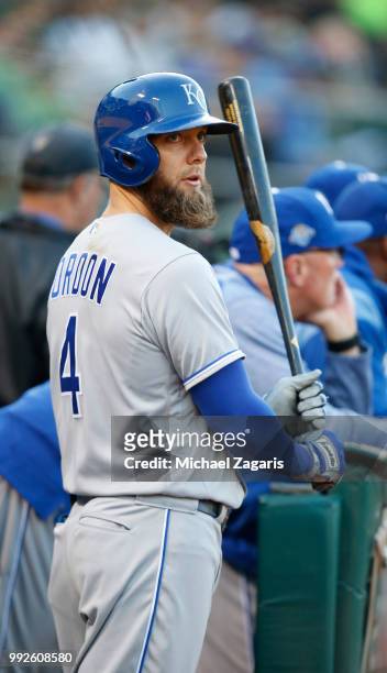 Alex Gordon of the Kansas City Royals stands in the dugout during the game against the Oakland Athletics at the Oakland Alameda Coliseum on June 8,...