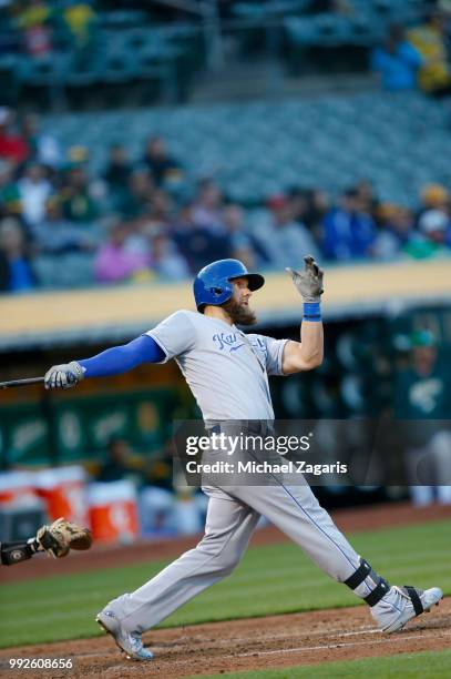 Alex Gordon of the Kansas City Royals bats during the game against the Oakland Athletics at the Oakland Alameda Coliseum on June 8, 2018 in Oakland,...