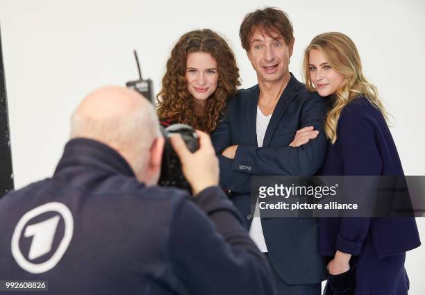 The actors Marlene Tanczik , Ingolf Lueck and Jeanne Goursaud can be seen during a press meeting for the reboot of the fairytale series "Sechs auf...