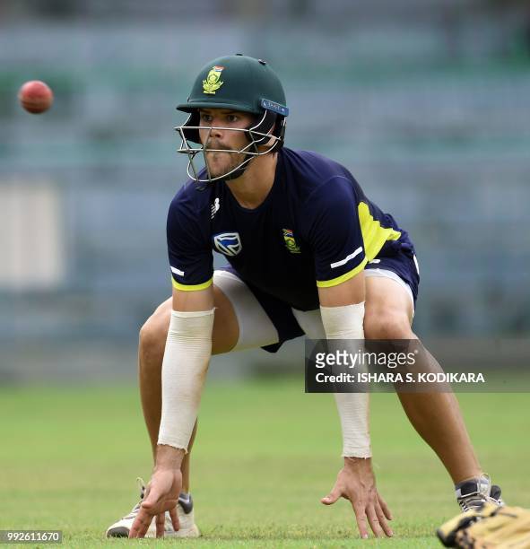 South African cricketer Aiden Markram prepares to catch the ball during a practice session at the R.Premadasa Stadium in Colombo on July 6, 2018. -...
