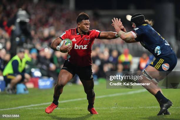 Seta Tamanivalu of the Crusaders charges forward during the round 18 Super Rugby match between the Crusaders and the Highlanders at AMI Stadium on...