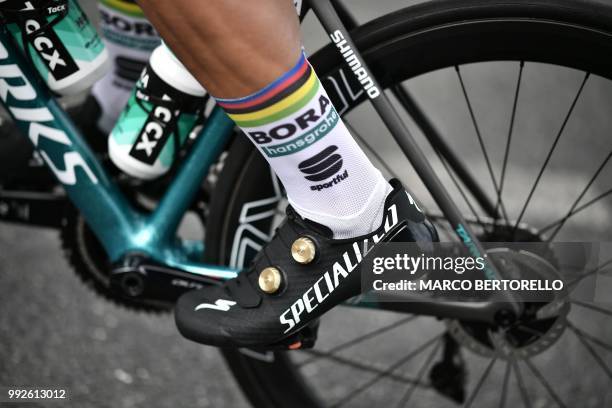 The foot and shoe of Slovakia's Peter Sagan are pictured as he prepares to depart for a training session of Germany's Bora-Hansgrohe cycling team on...