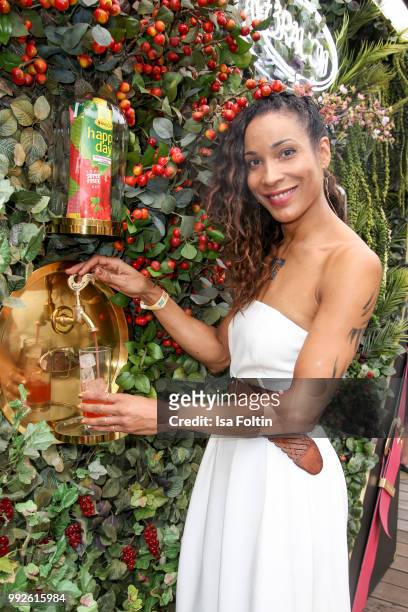 German presenter Annabelle Mandeng attends The Fashion Hub during the Berlin Fashion Week Spring/Summer 2019 at Ellington Hotel on July 5, 2018 in...