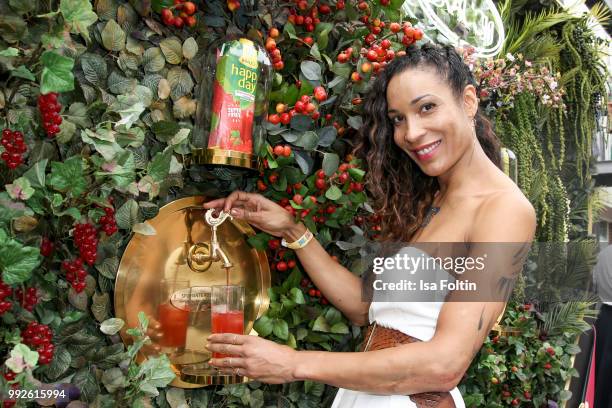 German presenter Annabelle Mandeng attends The Fashion Hub during the Berlin Fashion Week Spring/Summer 2019 at Ellington Hotel on July 5, 2018 in...