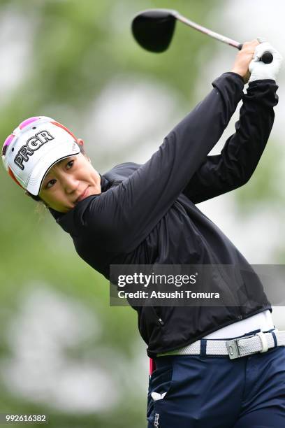 Asako Fujimoto of Japan hits her tee shot on the 1st hole during the first round of the Nipponham Ladies Classic at the Ambix Hakodate Club on July...