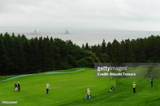 Erina Hara of Japan hits her second shot on the 3rd hole during the first round of the Nipponham Ladies Classic at the Ambix Hakodate Club on July 6,...