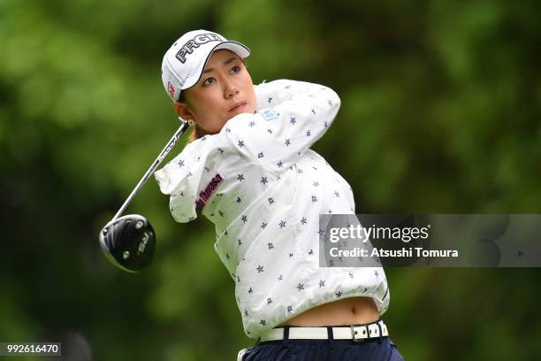 Erina Hara of Japan hits her tee shot on the 3rd hole during the first round of the Nipponham Ladies Classic at the Ambix Hakodate Club on July 6,...