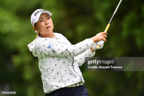 Erina Hara of Japan hits her tee shot on the 3rd hole during the first round of the Nipponham Ladies Classic at the Ambix Hakodate Club on July 6,...