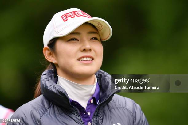 Rie Tsuji of Japan smiles during the first round of the Nipponham Ladies Classic at the Ambix Hakodate Club on July 6, 2018 in Hokuto, Hokkaido,...