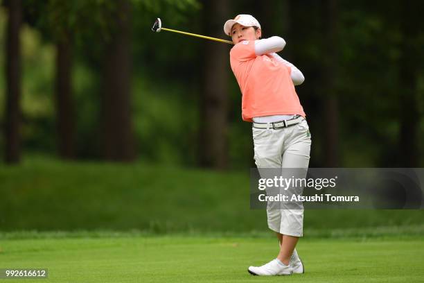 Minami Hiruta of Japan hits her second shot on the 5th hole during the first round of the Nipponham Ladies Classic at the Ambix Hakodate Club on July...