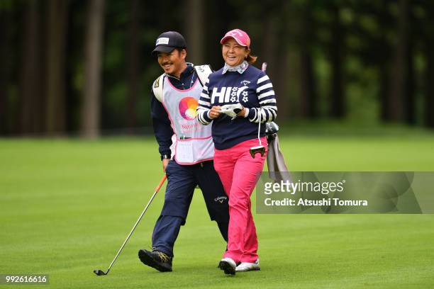 Miki Saeki of Japan smiles during the first round of the Nipponham Ladies Classic at the Ambix Hakodate Club on July 6, 2018 in Hokuto, Hokkaido,...