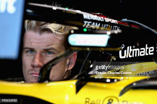 Nico Hulkenberg of Germany and Renault Sport F1 prepares to drive during practice for the Formula One Grand Prix of Great Britain at Silverstone on...