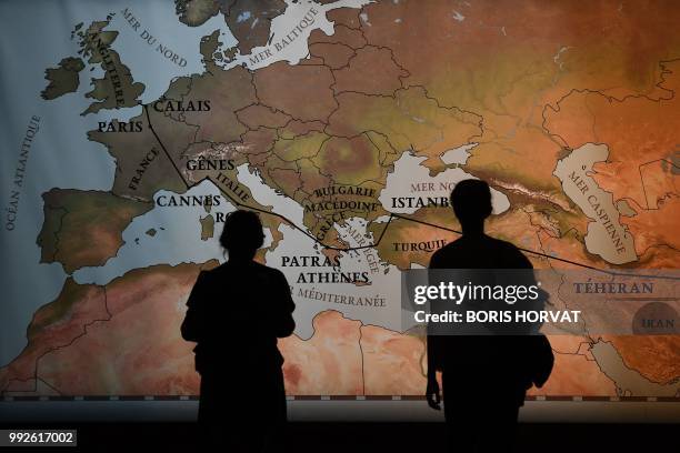 Actresses Emilie Caen and Anne-Elodie Sorlin perform in the play 'Au-dela de la foret, le monde' directed by Ines Barahona and Miguel Fragata during...