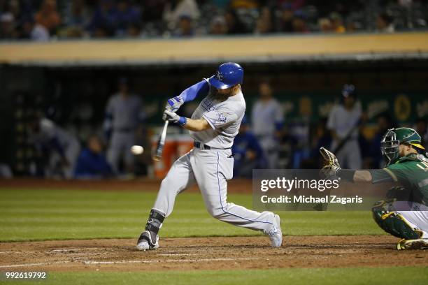 Alex Gordon of the Kansas City Royals bats during the game against the Oakland Athletics at the Oakland Alameda Coliseum on June 8, 2018 in Oakland,...