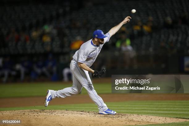 Brian Flynn of the Kansas City Royals pitches during the game against the Oakland Athletics at the Oakland Alameda Coliseum on June 8, 2018 in...