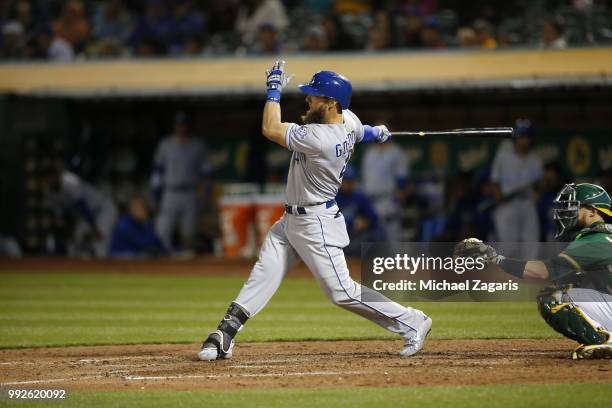 Alex Gordon of the Kansas City Royals bats during the game against the Oakland Athletics at the Oakland Alameda Coliseum on June 8, 2018 in Oakland,...