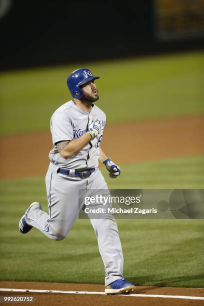 Mike Moustakas of the Kansas City Royals runs the bases after hitting a home run during the game against the Oakland Athletics at the Oakland Alameda...