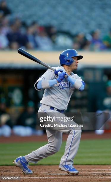 Ryan Goins of the Kansas City Royals bats during the game against the Oakland Athletics at the Oakland Alameda Coliseum on June 8, 2018 in Oakland,...