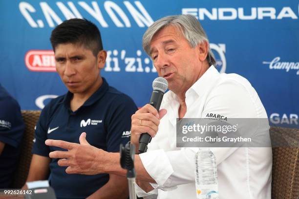 Nairo Quintana of Colombia and Movistar Team / Alejandro Valverde of Spain and Movistar Team / Eusebio Unzue of Spain Manager Team Movistar / during...