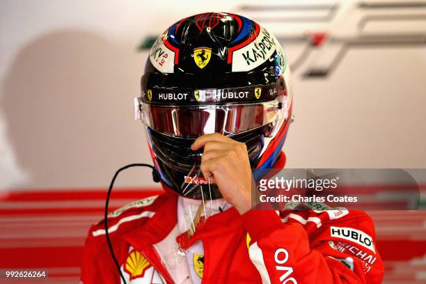 Kimi Raikkonen of Finland and Ferrari prepares to drive during practice for the Formula One Grand Prix of Great Britain at Silverstone on July 6,...