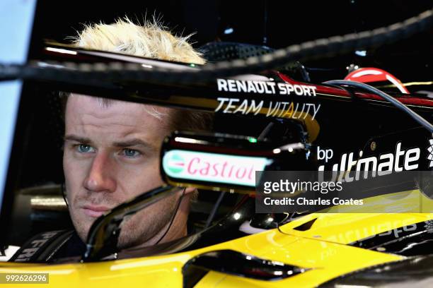 Nico Hulkenberg of Germany and Renault Sport F1 prepares to drive during practice for the Formula One Grand Prix of Great Britain at Silverstone on...