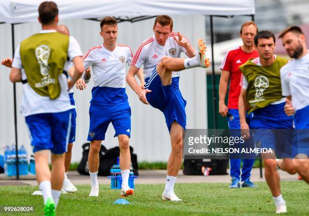 Russia's defender Andrey Semenov attends a training session at the Park Arena in Sochi on July 6 on the eve of the Russia 2018 FIFA World Cup quarter...