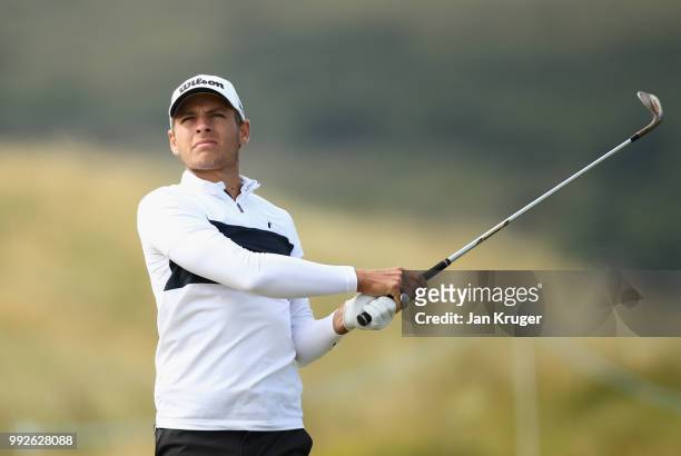 Joakim Lagergren of Sweden plays his second shot into the 10th green during the second round of the Dubai Duty Free Irish Open at Ballyliffin Golf...