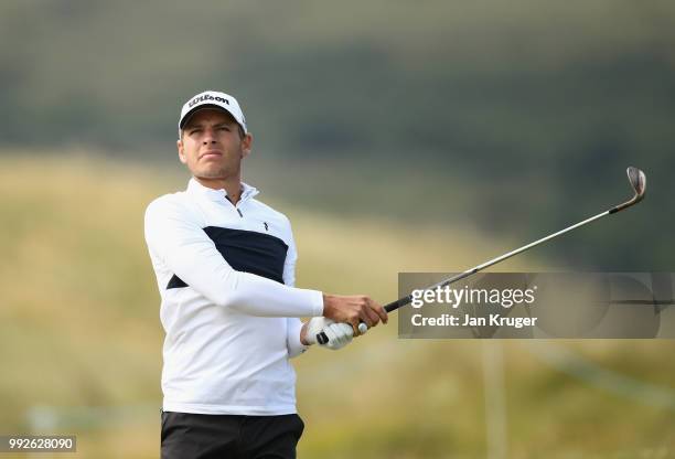 Joakim Lagergren of Sweden plays his second shot into the 10th green during the second round of the Dubai Duty Free Irish Open at Ballyliffin Golf...