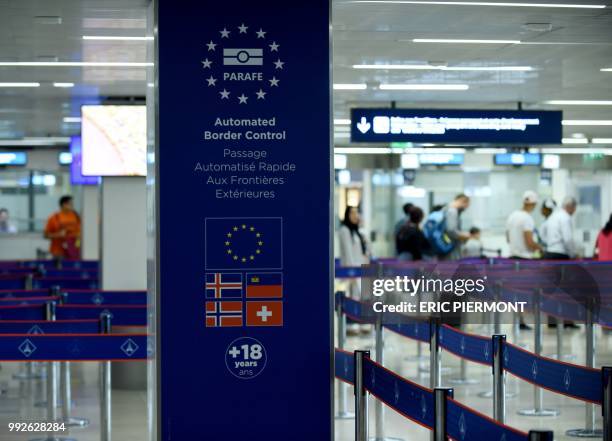 Picture shows a sign of "Parafe", an automated border passport control at Orly airport, near Paris on July 6, 2018.