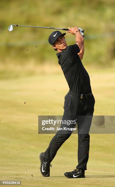 Thorbjorn Olesen of Denmark plays into the 10th green during the second round of the Dubai Duty Free Irish Open at Ballyliffin Golf Club on July 6,...