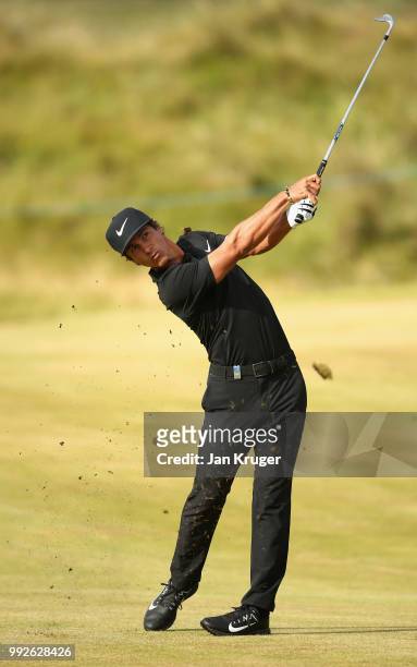 Thorbjorn Olesen of Denmark plays into the 10th green during the second round of the Dubai Duty Free Irish Open at Ballyliffin Golf Club on July 6,...