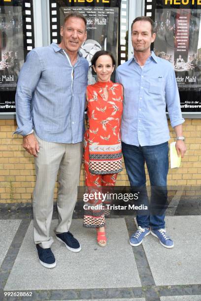 Ralf Moeller, Sharon Brauner and Matthias Freiherr Teuffel during the premiere of 'Das letzte Mahl' at Kino in der Kulturbrauerei on July 5, 2018 in...