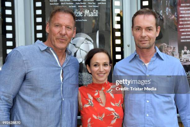 Ralf Moeller, Sharon Brauner and Matthias Freiherr Teuffel during the premiere of 'Das letzte Mahl' at Kino in der Kulturbrauerei on July 5, 2018 in...