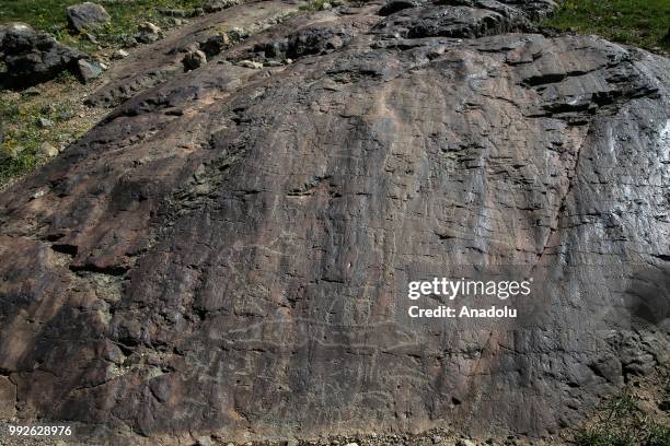 Petroglyphs, depicting animals, humans along with other symbols are seen on a rock found close to the summit of Mount Cilo in Yuksekova district of...