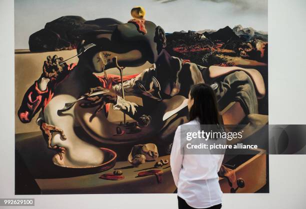 Woman looking at the wallpaper "Autumnal Cannibalism, 1936" by Salvador Dali at the exhibition "Never Ending Stories. Loops in art, film,...