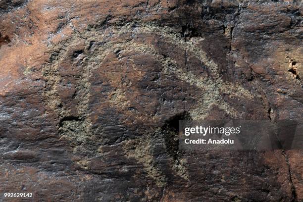 Petroglyphs, depicting animals, humans along with other symbols are seen on a rock found close to the summit of Mount Cilo in Yuksekova district of...