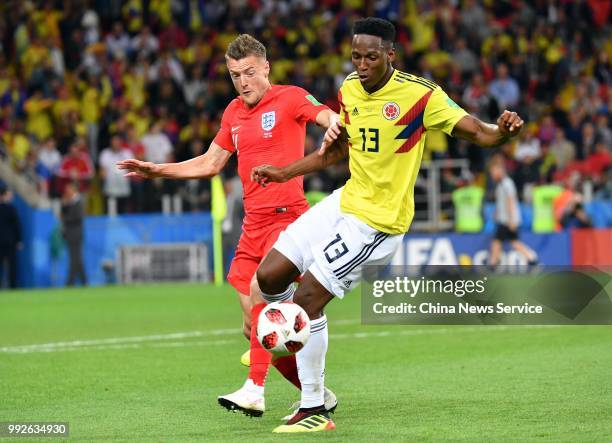 Yerry Mina of Colombia drives the ball during the 2018 FIFA World Cup Russia Round of 16 match between Colombia and England at the Spartak Stadium on...
