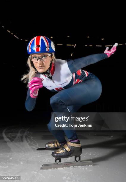Elise Christie, the world champion short-track speed-skater poses for a portrait at the National Ice Centre in Nottingham on December 19th 2017 in...