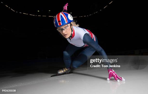 Elise Christie, the world champion short-track speed-skater poses for a portrait at the National Ice Centre in Nottingham on December 19th 2017 in...