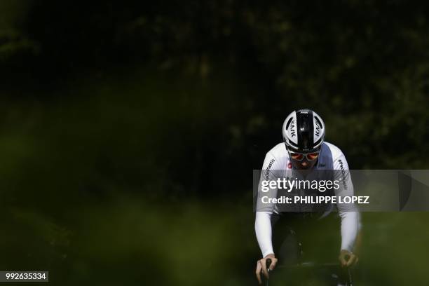 Great Britain's Geraint Thomas rides during a training session of Great Britain's Team Sky cycling team on July 6, 2018 near Saint-Mars la Reorthe,...