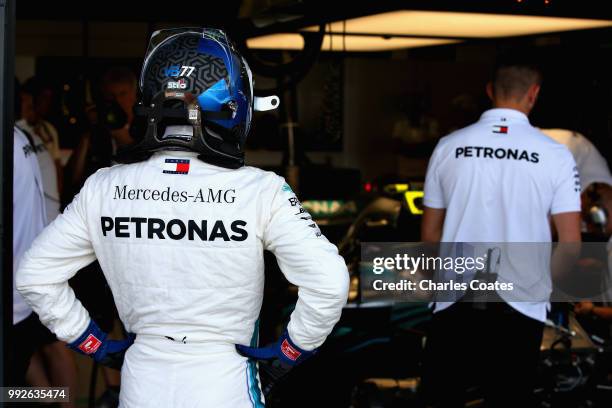 Valtteri Bottas of Finland and Mercedes GP prepares to drive during practice for the Formula One Grand Prix of Great Britain at Silverstone on July...