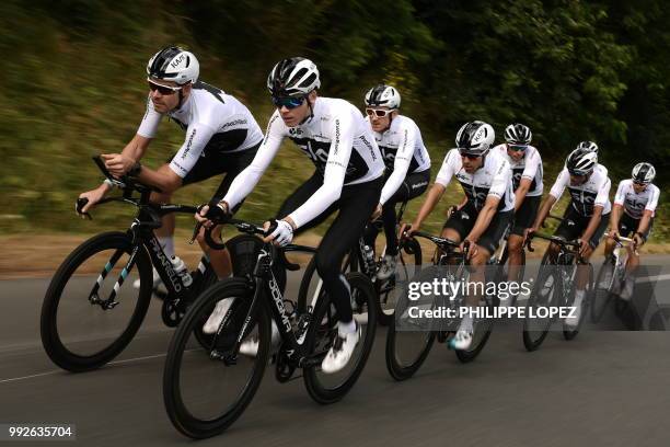 Great Britain's Christopher Froome , Great Britain's Luke Rowe and their Great Britain's Team Sky cycling team teammates ride during a training...