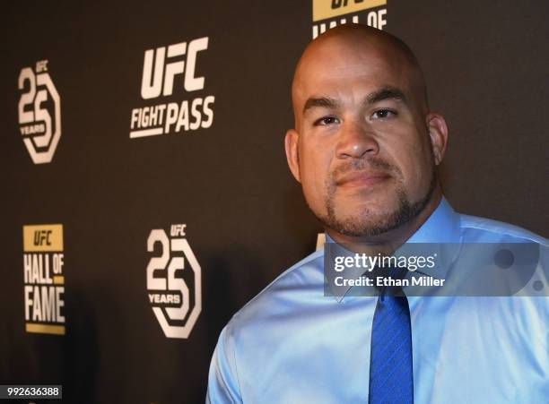 Mixed martial artist Tito Ortiz arrives at the UFC Hall of Fame's class of 2018 induction ceremony at Palms Casino Resort on July 5, 2018 in Las...