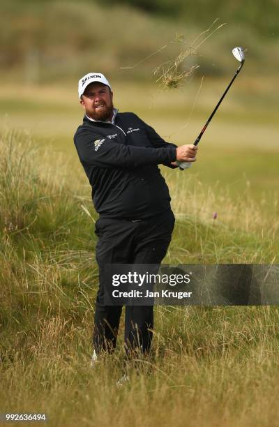 Shane Lowry of Ireland plays his second shot on the 10th hole during the second round of the Dubai Duty Free Irish Open at Ballyliffin Golf Club on...