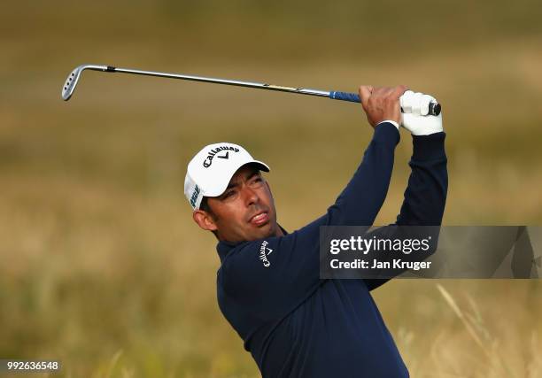 Pablo Larrazabal of Spain plays his second shot on the 10th hole during the second round of the Dubai Duty Free Irish Open at Ballyliffin Golf Club...