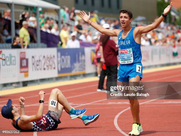 Davide Finocchiet of Italy reacts after he won 10000m race walk competetion during European Atletics U18 European Championship on July 6, 2018 in...