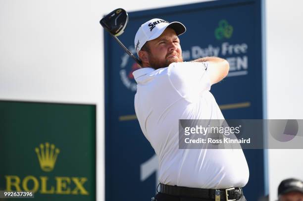 Shane Lowry of Ireland tees off on the 17th hole during the second round of the Dubai Duty Free Irish Open at Ballyliffin Golf Club on July 6, 2018...